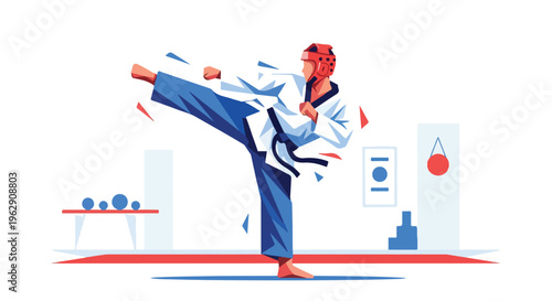 A martial artist in a dobok performs a dynamic kick in a training studio