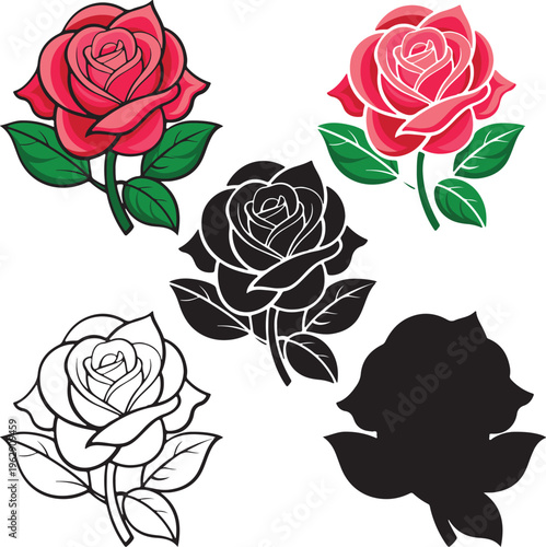 Stylized Red Rose Illustration with Green Leaves