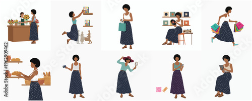 Flat Illustration Set of African American Woman in Various Activities and Scenes