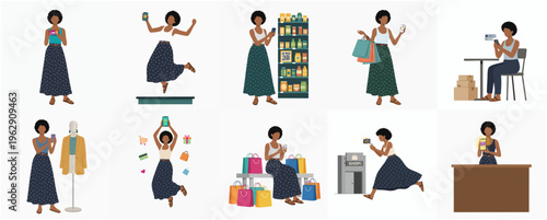 Flat Isolated African American Woman Shopping Scenes and Activities Illustration