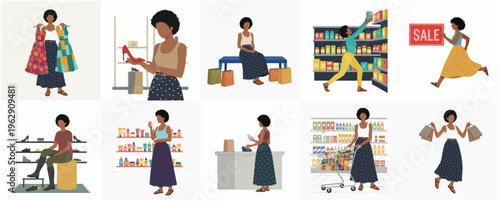 Flat Illustration Set of Female Customer Shopping and Trying Clothes
