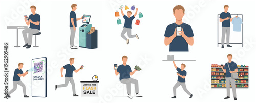 Flat Character Male Shopping Various Scenarios with Modern Technology Illustration Set