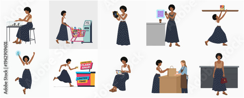 Flat Design Diverse Woman in Various Retail Shopping Activities Set Illustration