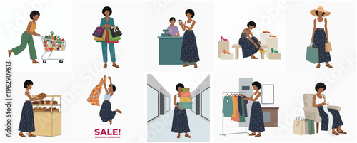 Flat Illustration Collection of African American Woman Shopping in Different Scenarios