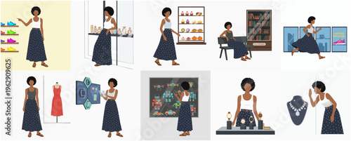 Flat Illustration of African American Woman Shopping in Diverse Store Scenarios