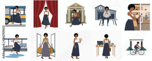 Flat Stylish Black Woman Different Daily Scene Activity Lifestyle Illustration