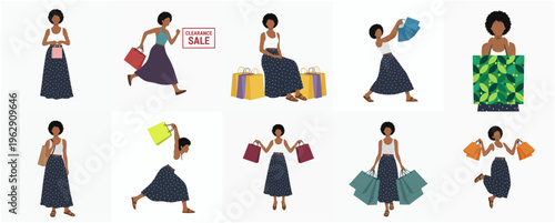 Colorful Flat Illustration of African Woman in Various Shopping Poses