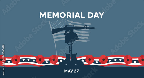 A patriotic graphic with a weapon, helmet, and poppy flowers