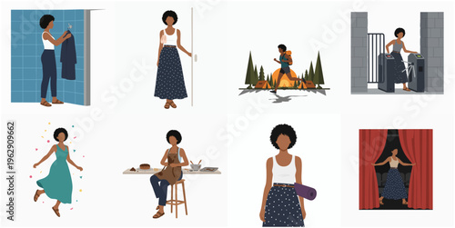 Flat Style Detailed Female Character Doing Different Activity Illustration Set