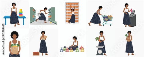 Flat Illustration Set of Dark Skinned Woman Shopping Grocery