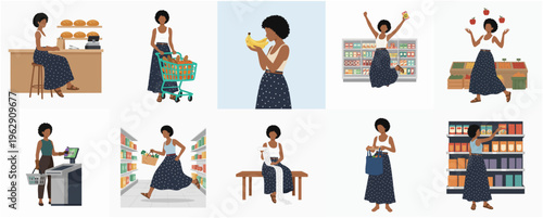 Flat Illustration Set of Woman Shopping Groceries in Supermarket with Different Actions
