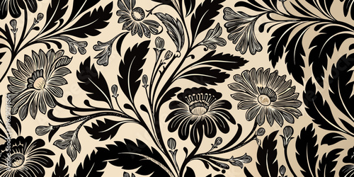 Intricate floral pattern with dark blooms and swirling foliage