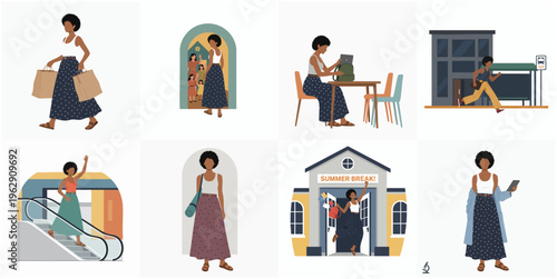 Flat Design Woman Shopping Daily Activities Illustration Set