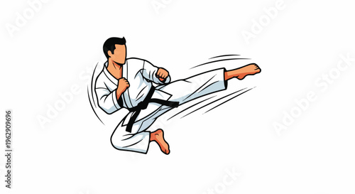 A martial artist performing a dynamic flying kick