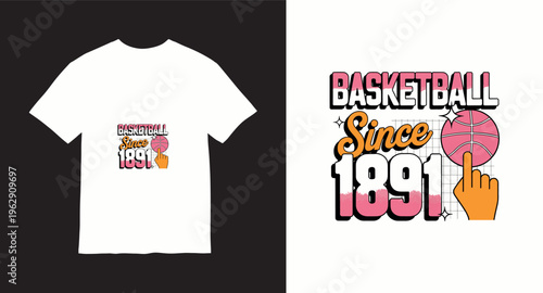 Basketball since 1891 vintage typography t-shirt design with hand pointing to ball and stars