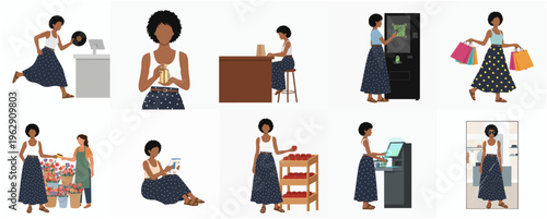 Flat Style Black Hair Woman Retail Activities and Lifestyle Illustration