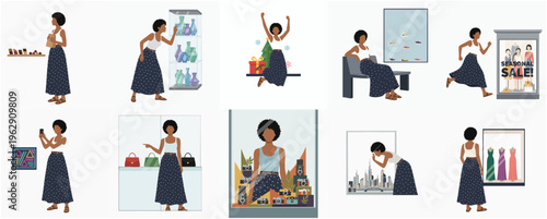 Stylish Flat Design Woman Shopping at Various Storefronts Illustration