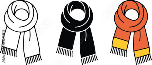 Winter scarf vector icon set with outline silhouette and colorful orange wool versions isolated on white for fashion design