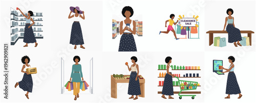 Flat Illustration Collection of a Black Woman in a Shopping Scene