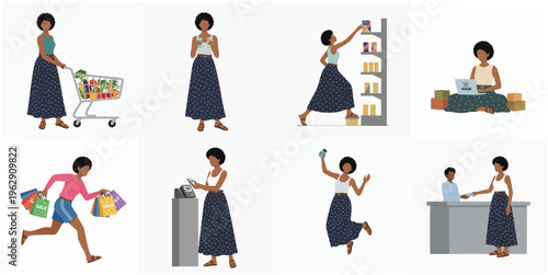 Flat Illustration of African Woman Shopping and Working on a Laptop Set