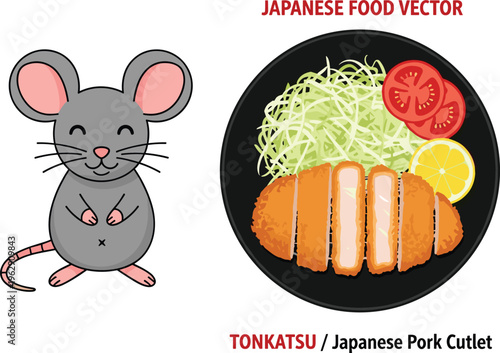 Cute cartoon grey mouse character standing next to a delicious Japanese Tonkatsu pork cutlet plate with cabbage tomatoes and lemon slice vector.