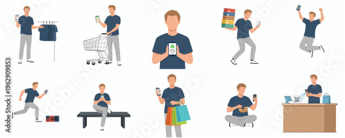 Flat Illustration of Man Doing Shopping with Mobile Phone Set Concept