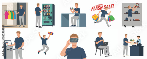 Flat Illustration of Man Doing Different Activities and Shopping at Store