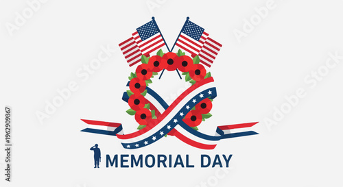 A patriotic graphic with a wreath, flags, ribbons and text