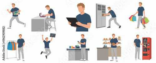 Flat Style Detailed Man in Different Activities and Poses Set Illustration