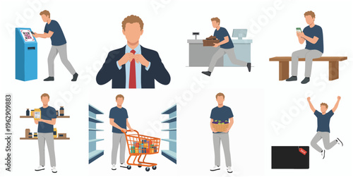 Flat Style Character Set of Various Poses of Adult Man Illustration