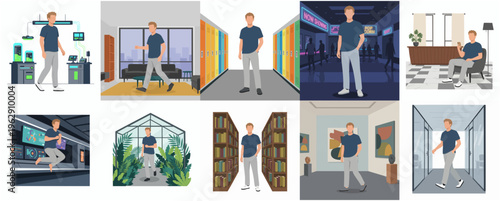 Flat Style Young Adult Man in Various Indoor Environments Illustration