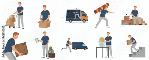 Flat Illustration Set of Moving Service with Delivery and Packaging Process