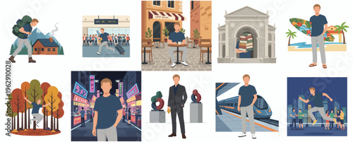 Flat Style Diverse Man in Different Location and Situation Illustration