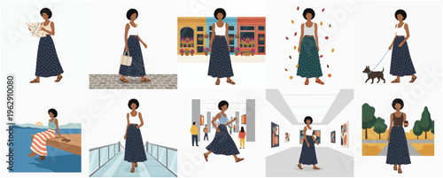 Flat Illustrated Woman Character in Various Scenes and Activities Collection
