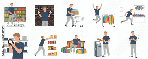 Flat Design Diverse Shopping Activity of Young Adult Man Illustration
