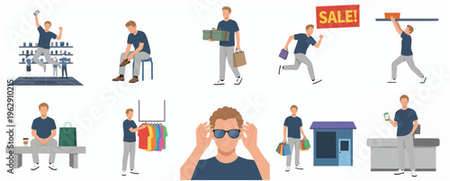 Flat Illustration Set of Man Shopping in Various Actions Retail
