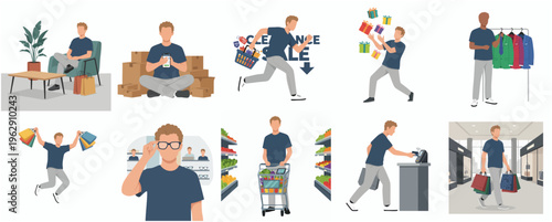 Diverse Flat Style Man Doing Shopping Activity in Many Situations Illustration