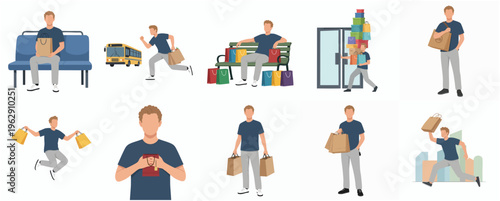 Flat Style Detailed Man with Shopping Bags Character Poses Illustration