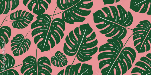 Seamless pattern of vibrant green monstera leaves on a pink background