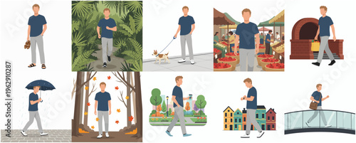 Flat Style Man Walking in Different Places and Seasons Illustration