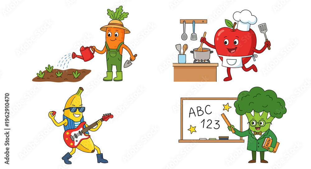 Fototapeta premium Animated fruits and vegetables engaging in various playful activities