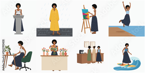 Diverse Flat Style Character of Black Woman in Various Activities Illustration Set