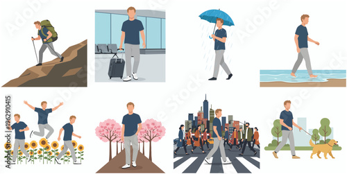 Simple Flat Illustration Man in Various Situations and Scenery Set