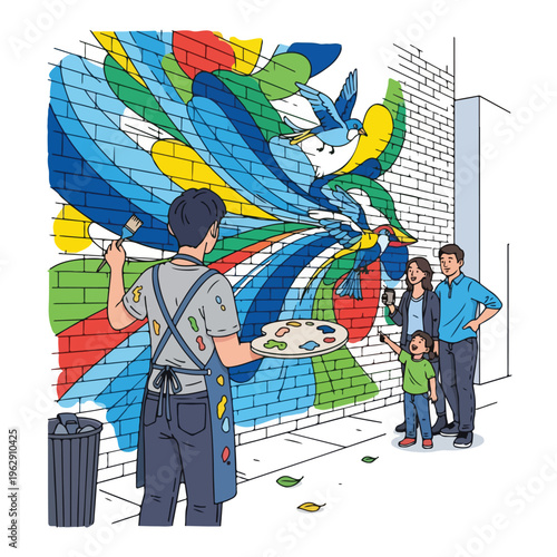 A mural artist at work, with family taking photos and watching