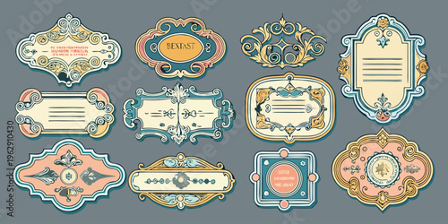 Elegant vintage labels featuring ornate designs, borders, and decorative motifs in a classic aesthetic style