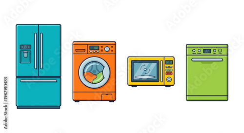 Colorful illustration of common kitchen and laundry room appliances