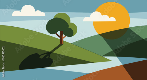 A colorful landscape of hills, trees, sun, and clouds