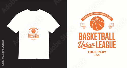 Urban basketball league typography design with orange ball and hoops illustration