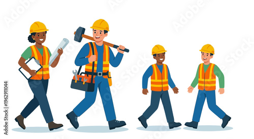 Diverse construction workers cheerfully walking in a group tools in hand