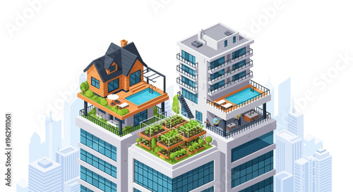 Rooftop gardens and modern architecture blend in an urban cityscape